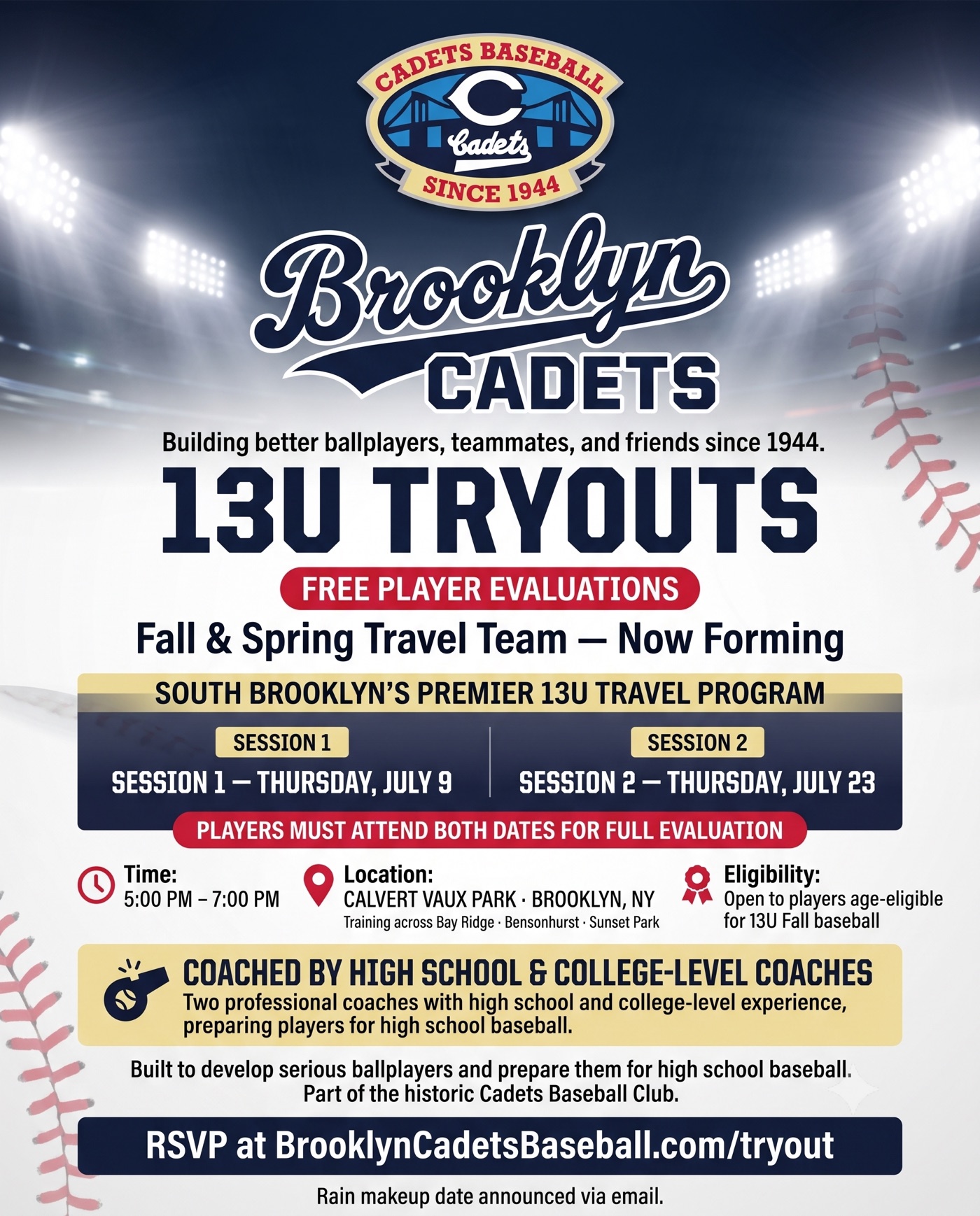 Brooklyn Cadets 13U Tryouts flyer